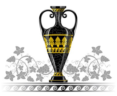 antika amphora ile üzüm ve yaprak