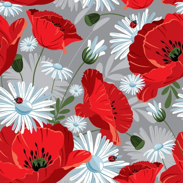 Excellent motif sans couture avec coquelicots et marguerites — Image vectorielle