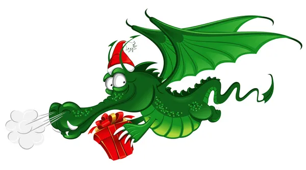 Nuovo anno 2012: allegro drago con un grande regalo di Natale — Vettoriale Stock