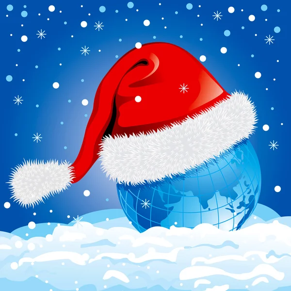 Globe in een kerstman hoed. vector. — Stockvector