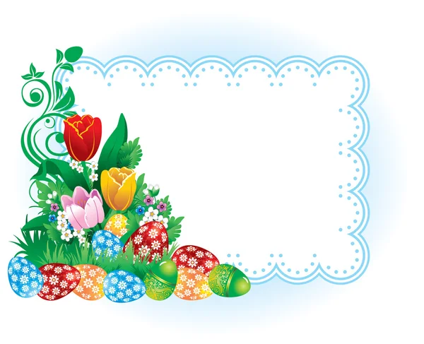 Banner de Páscoa com flores da primavera e ovos — Vetor de Stock
