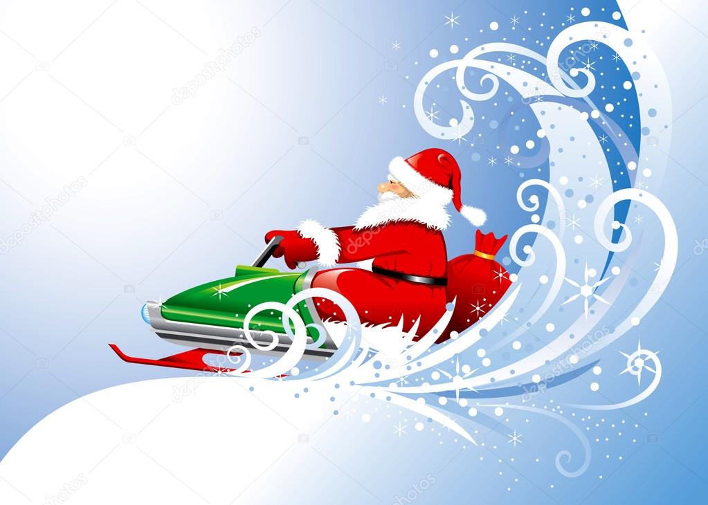 Santa Claus on a snowmobile. Vector editable.