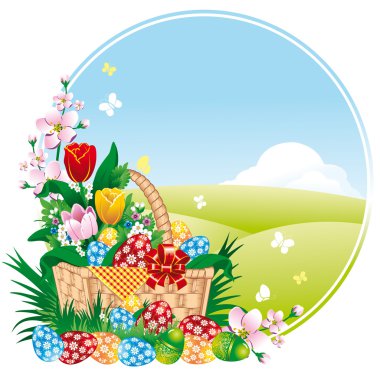 bahar çiçekleri ve boyalı yumurta Paskalya afiş