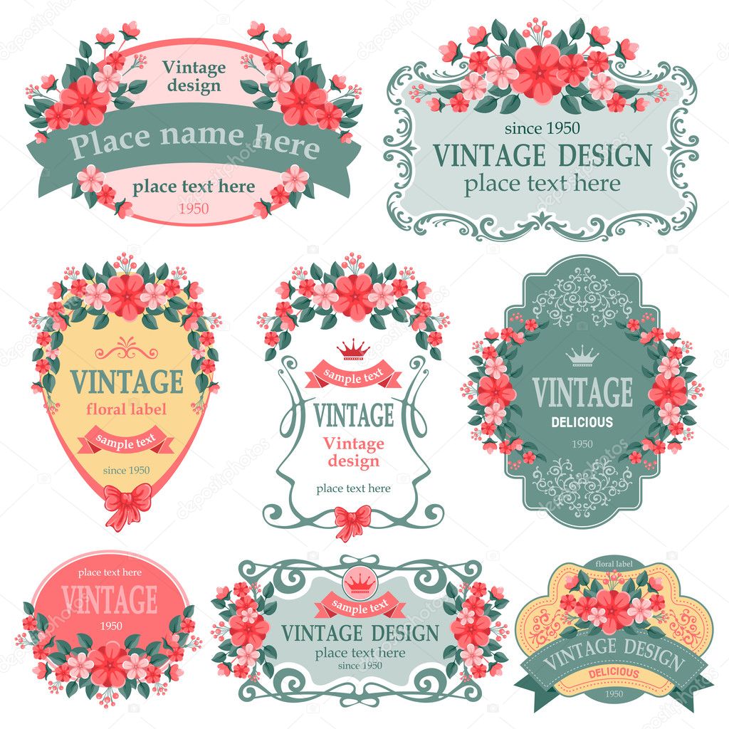 Vector set. Vintage labels with flowers.