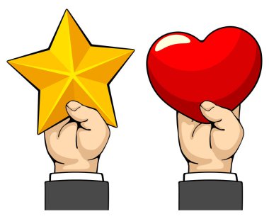 Erkek eli altın yıldızı ve kırmızı kalbi tutar. Not tabelaları, kullanıcılar veya müşteriler geri bildirim kavramı. El yapımı tasarım elementleri. Vektör illüstrasyonu. 