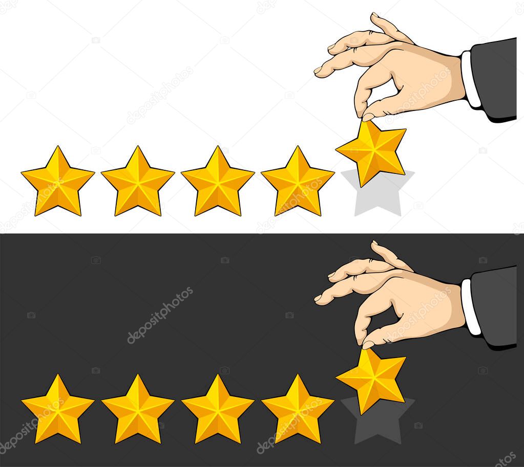 Men hand holds golden star and add it. Rating signs, users or customers feedback concept. Set of hand drawn design elements. Vector illustration. 