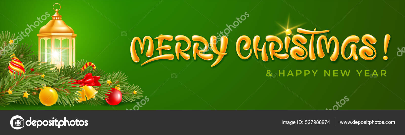 圣诞快乐和新年快乐横幅模板在冷杉树枝和装饰之间点缀着蜡烛的老式灯笼绿色背景上的金黄凸起的字母矢量说明图库矢量图©Pazhyna 527988974, image size:1600x536