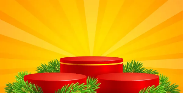 モミの木の枝の間で製品の表示のための丸い赤い表彰台とクリスマスと新年のお祝いの広告の背景 明るい黄色の背景に光の光線 ベクターイラスト — ストックベクタ