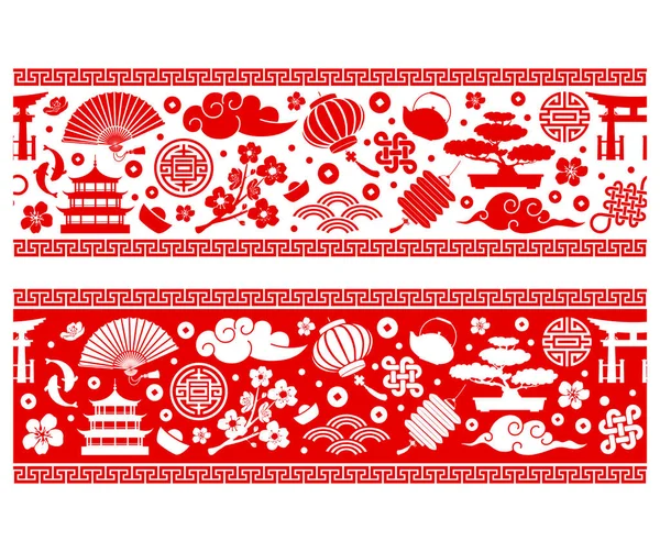 東洋の中国のシームレスな国境セット 伝統的なアジアのオブジェクト 紙提灯 ファン 縁起の良いシンボルなど 赤と白の色 ベクターイラスト — ストックベクタ