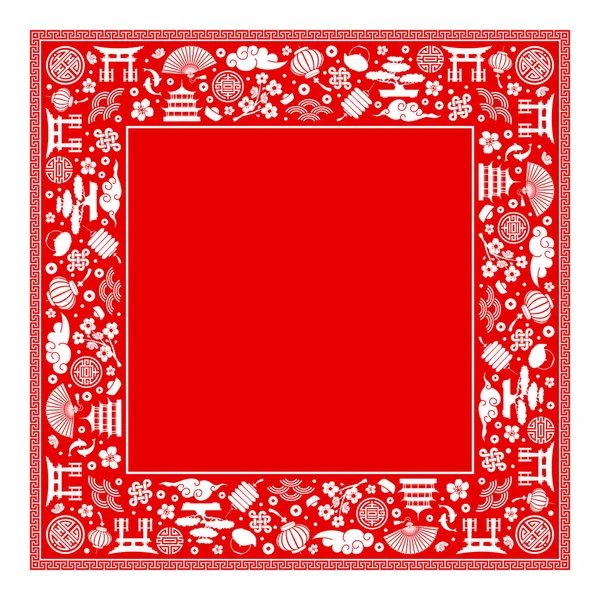 Oriental Chinese Square Frame Traditional Asian Objects Paper Lanterns Clouds — Stockvector