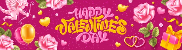 ピンクのバラの花 ギフトボックス 黄金の心とピンクの背景に弓翼のキューピッドで描かれた書道のレタリングとハッピーバレンタインデーのバナーテンプレート ベクターイラスト — ストックベクタ