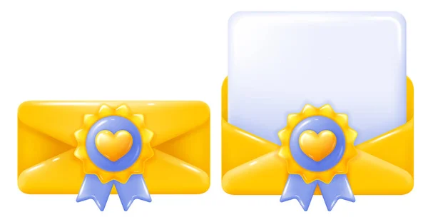 黄金の心を持つバレンタイン 郵便物の黄色の封筒 開いて 閉じて 紙シートで 3Dミニマリストスタイルで 白を基調とした明るい光沢のある凸状のメールアイコン ベクターイラスト — ストックベクタ