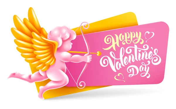 Šťastný Valentýn Slavnostní Štítek Nebo Odznak Okřídleným Lukostřelcem Amor Kaligrafický — Stockový vektor