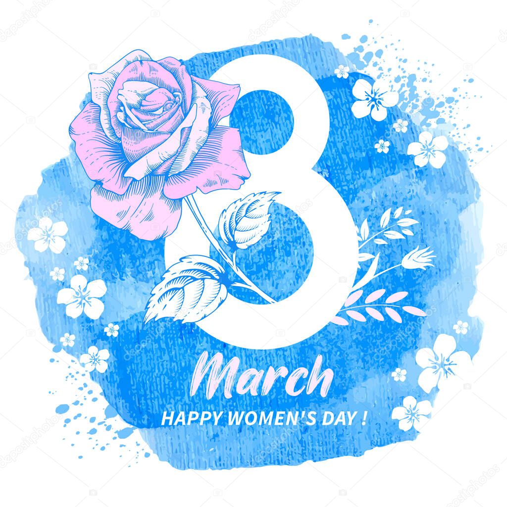 Greeting card for 8 march, International Womens Day, with number 8, congrats text and blooming rose flower on the blue watercolor background. Simple and trendy design template. Vector illustration