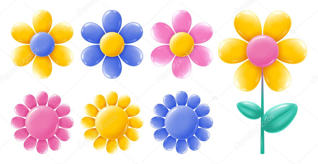 Set of colorful geometric abstract flowers, convex, from glossy and shiny plastic material. Vector illustration.