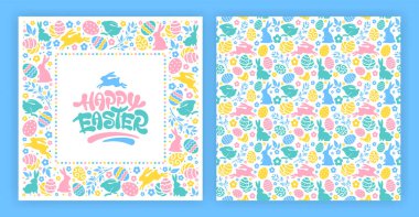 Paskalya kutlaması için kare çerçeve ve kusursuz desenler. Tavşan, renkli yumurta ve çiçekli şirin tasarım elementleri. Tebrik kartının önünde ve arkasında. Vektör illüstrasyonu.