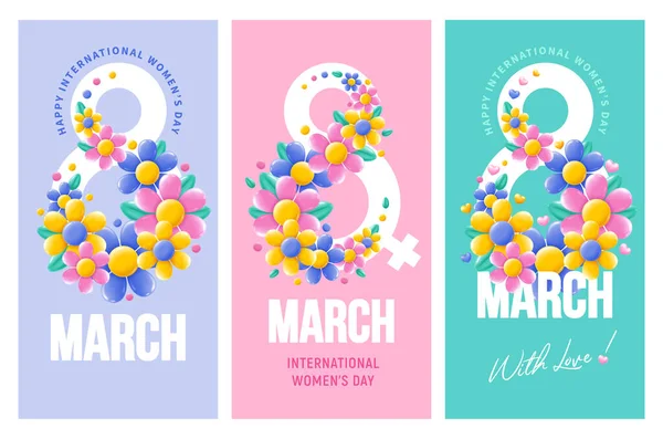 Szczęśliwego Międzynarodowego Dnia Kobiet Marzec Powitanie Numerem Jasne Kwiaty Gratulacje — Wektor stockowy