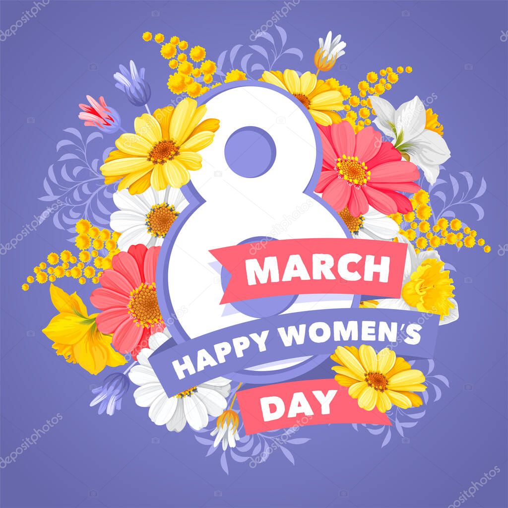 Happy International Womens Day 8 March greeting with number 8, bright spring flowers and congrats text. Design element for congratulation card, banner, flyer etc. Vector illustration.