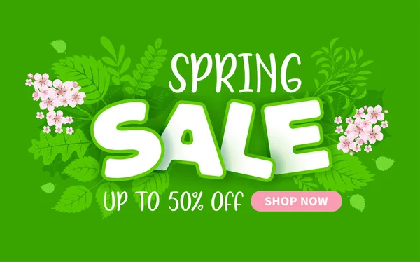 Banner Publicitario Sobre Venta Estacional Primavera Letras Expresivas Hojas Frescas — Vector de stock