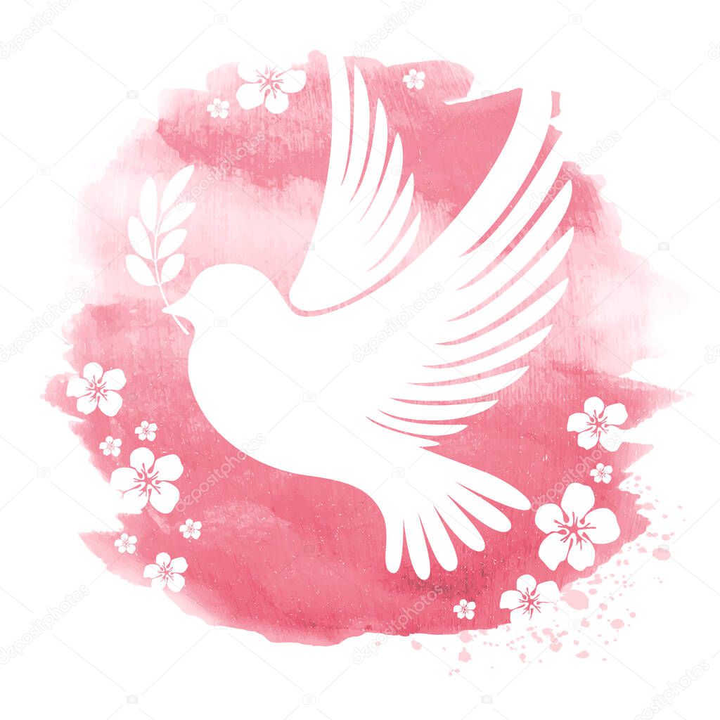 White dove silhouette flying with olive twig on the pink watercolor background with flowers. Symbol of peace. Vector illustration.