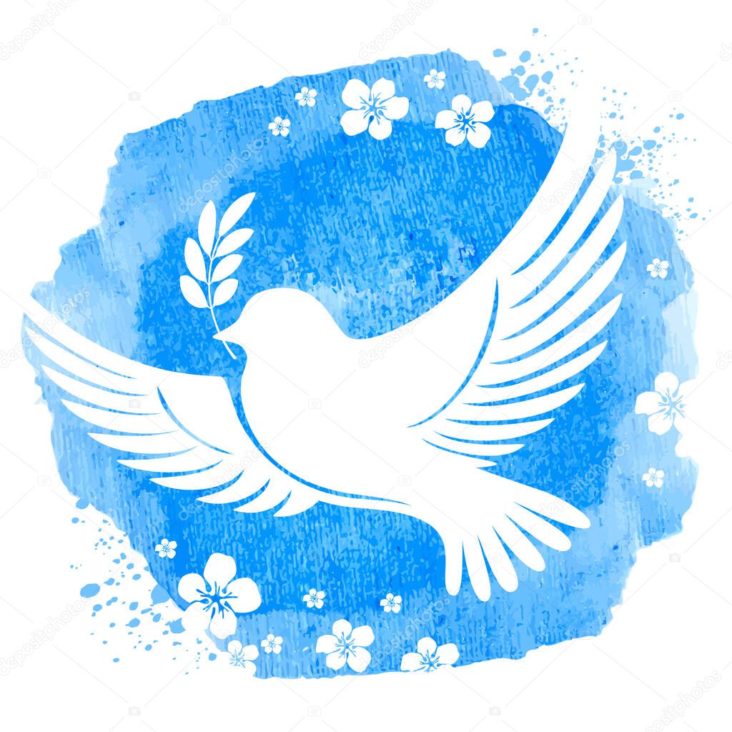 White dove silhouette flying with olive twig on the blue watercolor background with flowers. Symbol of peace. Vector illustration.