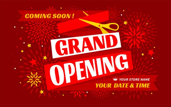 Advertisement Grand Opening Unusual Design Red Ribbon Golden Scissors Decorated — Image vectorielle
