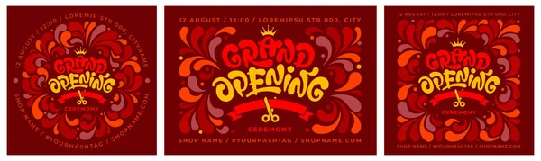 Advertisement Grand Opening Templates Set Unusual Design Calligraphy Lettering Ribbon — Image vectorielle