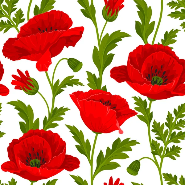 Bright Summer Seamless Pattern Red Poppy Flowers Leaves Poppy Seed — Stockvektor