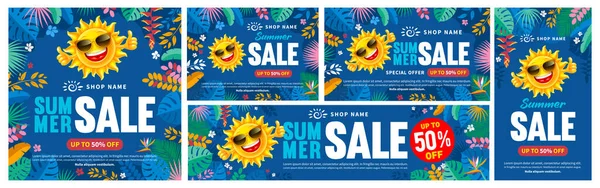 Sezonowe Szablony Banerów Summer Sale Zestaw Projektów Reklamowych Zaproszenie Zakupy — Wektor stockowy