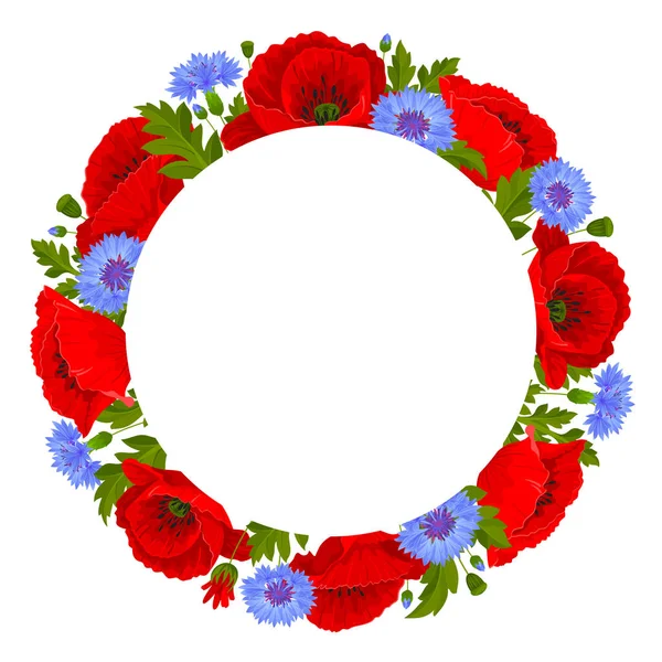 白い背景に赤いケシの花 青いコーンフラワー 葉とケシの種子ポッドを持つ丸いフレーム ベクターイラスト — ストックベクタ