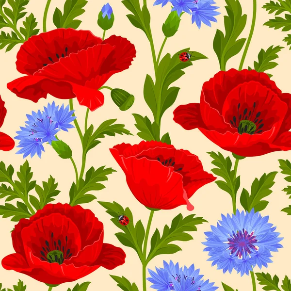 Summer Seamless Pattern Wildflowers Red Poppies Blue Cornflowers Leaves Ladybugs — Stock Vector
