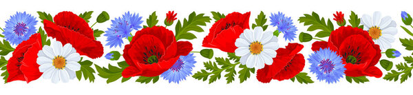 Horizontal seamless border with pattern of red poppy flowers, blue cornflowers, white daisies, leaves and poppy seed pods on a white background. Vector illustration