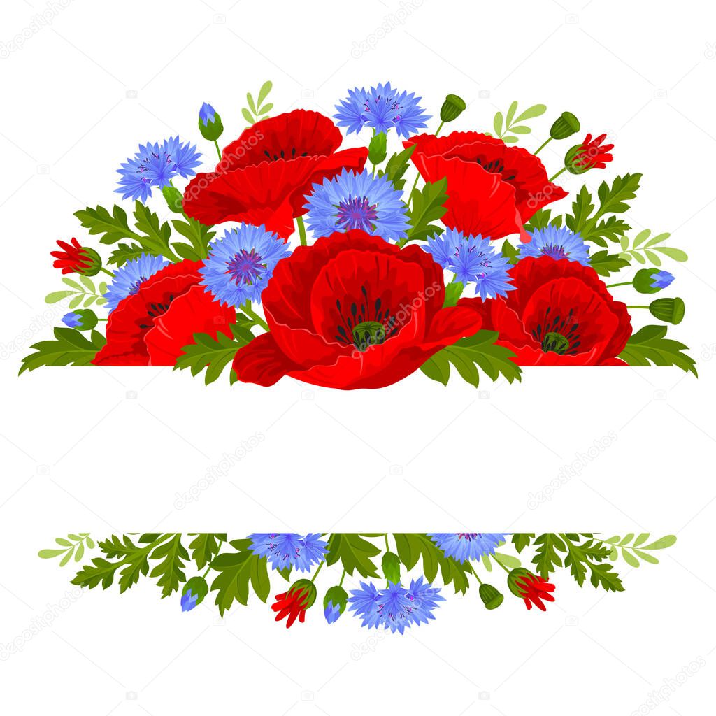 Banner with wildflowers. Red poppy flowers, blue cornflowers, leaves, buds and poppy seed pods. Vector illustration.