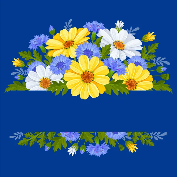 Banner Divokými Květinami Bílé Žluté Sedmikrásky Květiny Modré Chrpy Listy — Stockový vektor