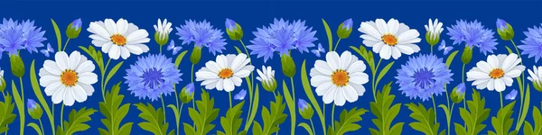 青い背景に青い花 白いデイジーの花 葉や芽のパターンと水平シームレスな境界線 ベクターイラスト — ストックベクタ