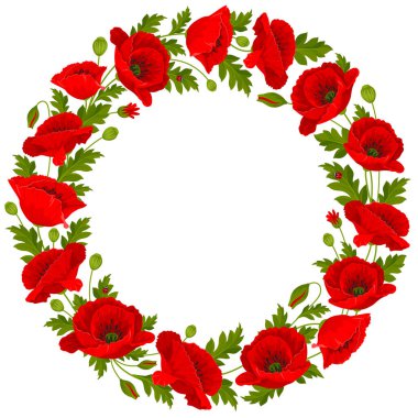 Beyaz arka planda kırmızı gelincik çiçekleri, yaprakları ve haşhaş tohumları olan yuvarlak çerçeve. Vektör illüstrasyonu