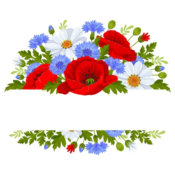 野の花のバナー 赤いケシ 青いコーンフラワー 白いデイジー 葉と芽 バナー ラベル グリーティングカードのテンプレート ベクターイラスト — ストックベクタ