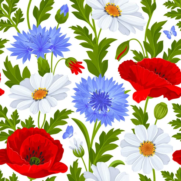 Bright Seamless Pattern Wildflowers Red Poppy White Daisy Cornflower Leaves — Stock Vector