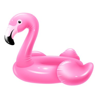 Pembe flamingo şeklinde şişme lastik yüzme halkası. Havuzda, denizde, sahilde vakit geçirmek için. Gerçekçi vektör illüstrasyonu.