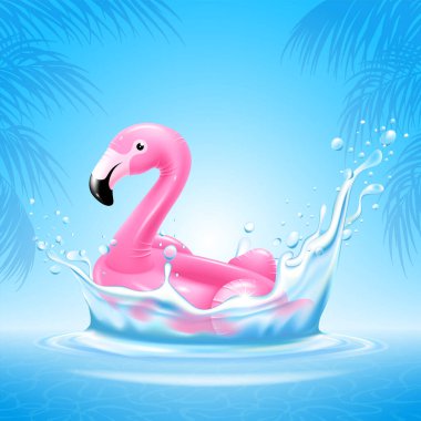 Pembe flamingo şeklinde şişirilebilir lastik yüzme halkası. Mavi deniz ve gökyüzü zemininde su sıçraması var. Havuzda, denizde, sahilde vakit geçirmek için eğlenceli bir aksesuar. Gerçekçi vektör illüstrasyonu.