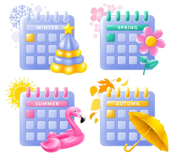 Desk Calendar Icon Set Schedule Four Seasons Winter Christmas Tree — Vetor de Stock