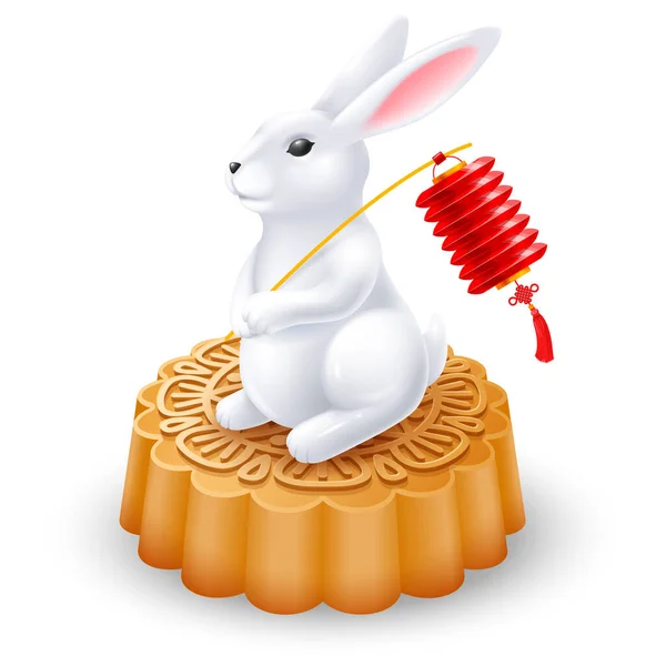 Mid Autumn Festival Rabbit Sitting Mooncake Holding Red Paper Lantern — Image vectorielle