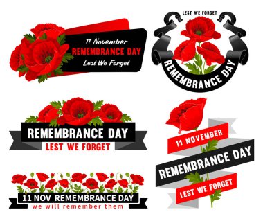 Anma Günü için amblem seti. Unutmayalım diye. Çizgi film kırmızı gelincik çiçekleri, uluslararası barış sembolü, siyah hatıra kurdelesi ve beyaz arka planda izole edilmiş harfler. Vektör İllüstrasyonu