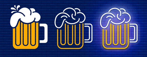 Beer Mug Foam Set Flat Design Outline Style Neon Effect — Stock Vector