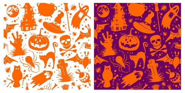 Happy Halloween Nahtlose Muster Gesetzt Feiertagstapete Mit Halloween Themenobjekten Kürbis — Stockvektor