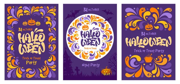 Feliz Conjunto Plantillas Halloween Caligrafía Navideña Con Calabaza Fantasmas Lugar — Vector de stock