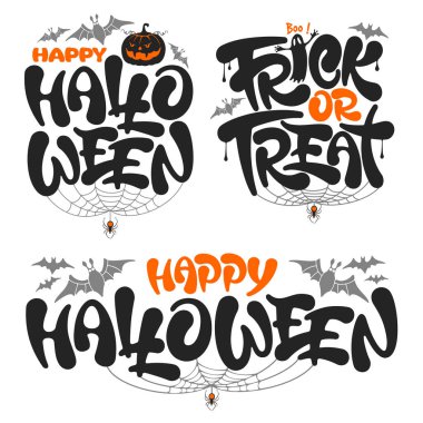 Mutlu Cadılar Bayramı ve Trick veya benzersiz harfler seti. Bayrak, poster, tebrik kartı, parti davetiyesi için yarasa, örümcek, ağ ve balkabağı ile tatil el yazısı. İzole vektör illüstrasyonu
