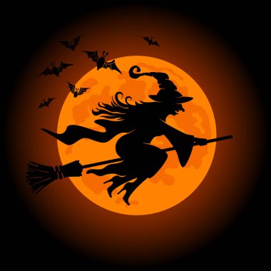 Cadılar Bayramı tasarım unsuru. Yaşlı cadı silueti süpürgeyle yarasa sürüsüyle uçuyor. Arka planda mistik dolunay ve gece gökyüzü. Vektör illüstrasyonu