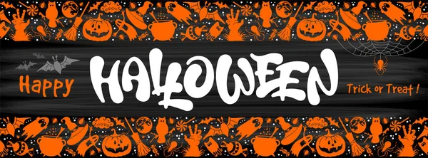 Happy Halloween Banner Vorlage Mit Schriftzügen Und Niedlichen Objekten Auf — Stockvektor