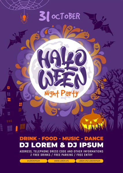 Halloween Party Plakát Sablon Nyaralás Design Kalligráfia Betűkkel Kísértetház Telihold — Stock Vector